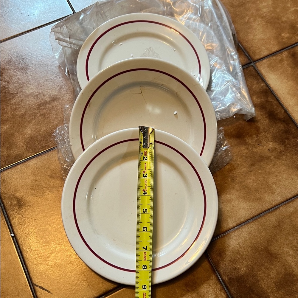 3 vintage Buffalo China  by Oneida Maroon Band Dinner Plates 9"D